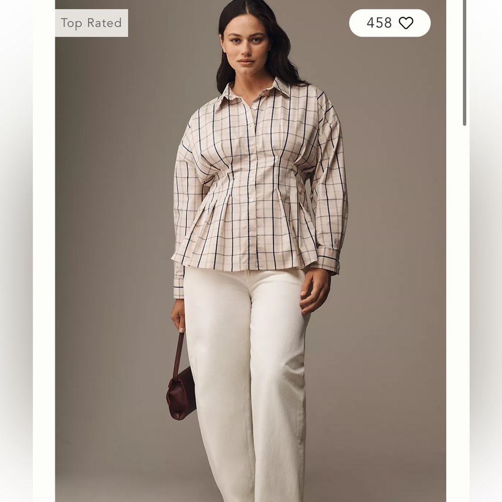 Anthropologie Exquise Tobie Waisted Button-Down Shirt Ecru Plaid size 2X